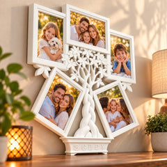 Ramă foto copac alb personalizată cu 5 fotografii de familie
