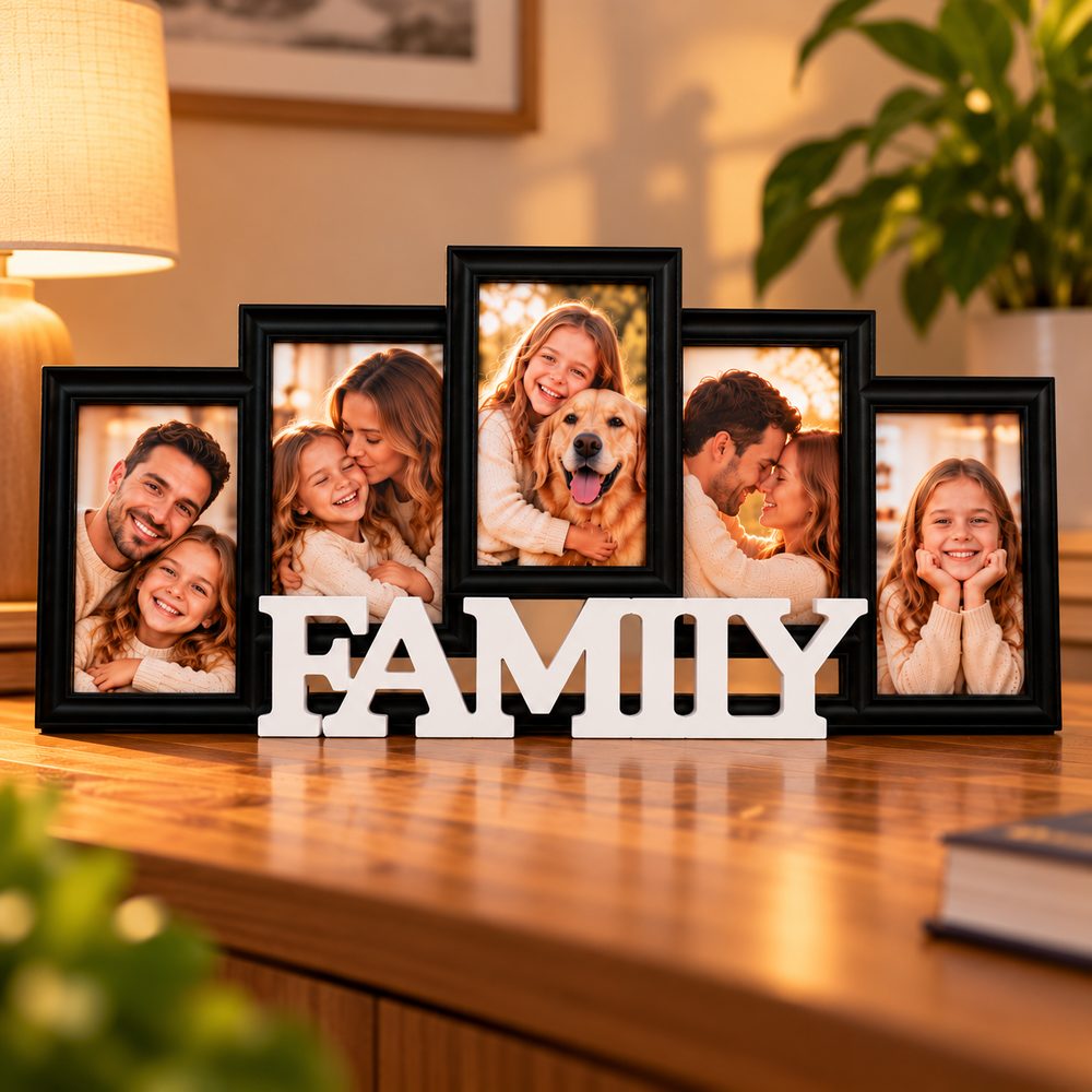 Ramă foto colaj FAMILY personalizată cu 5 fotografii