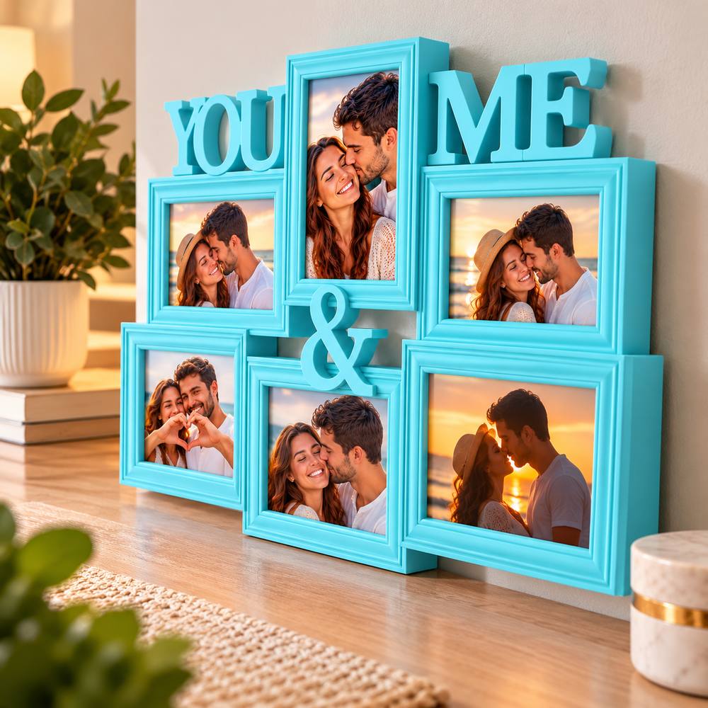 Ramă foto bleu pentru cuplu cu 6 fotografii personalizate, inscripția YOU & ME