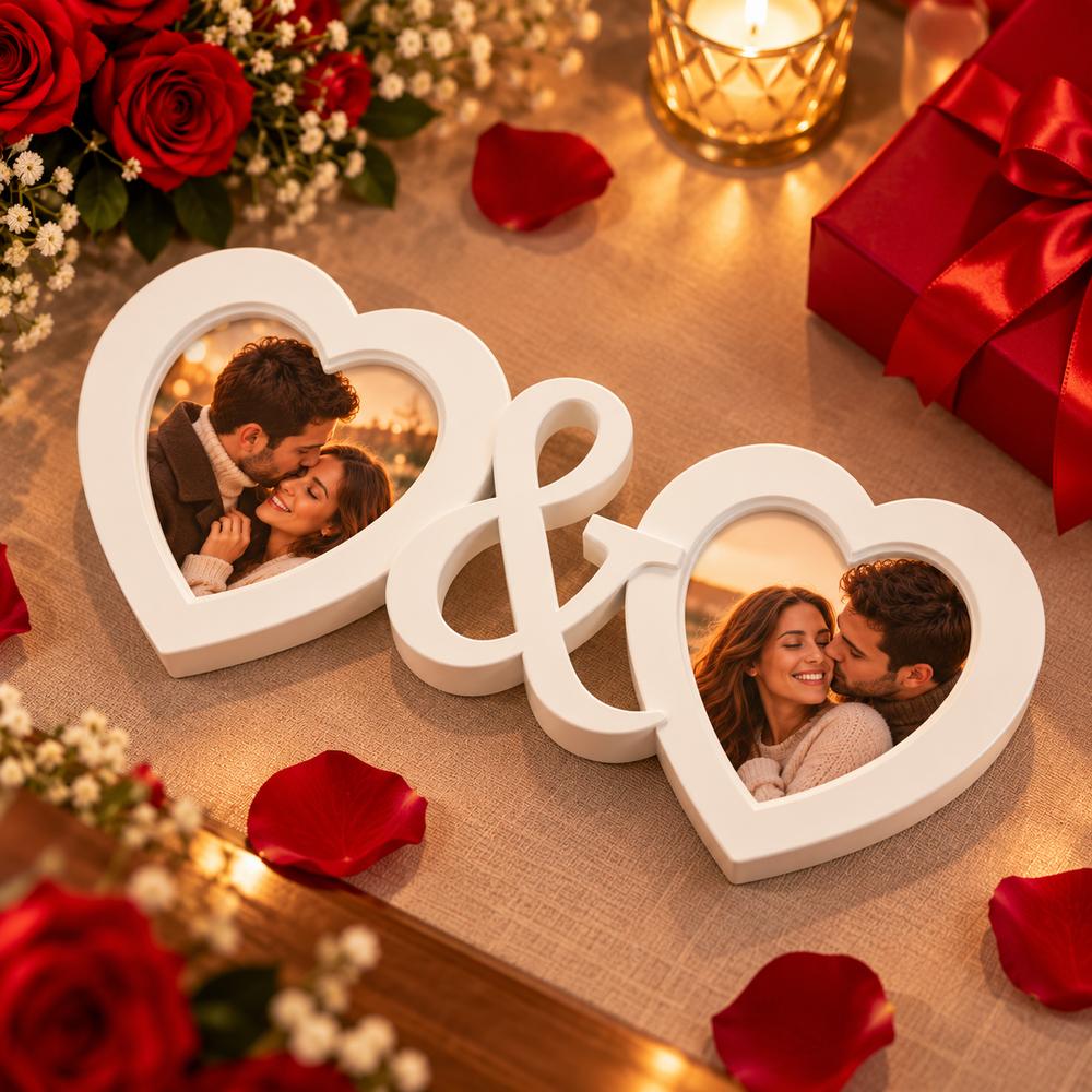 Ramă foto personalizată cu două poze și inimioare unite prin simbolul &, cadou romantic pentru cuplu