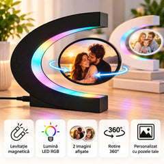 Ramă foto cu levitare magnetică, rotativă, LED, personalizată cu poze