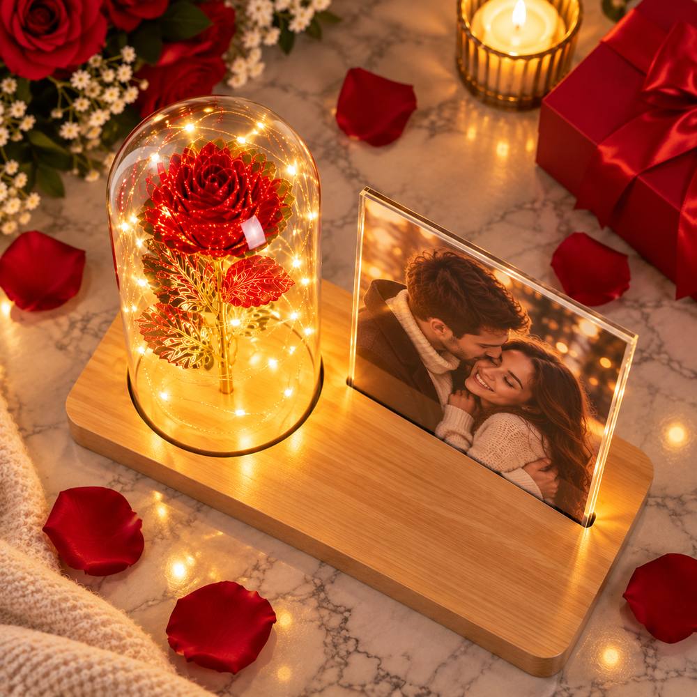 Cadou romantic cu ramă foto pentru o fotografie de 13 × 18 cm și trandafir cu lumini LED