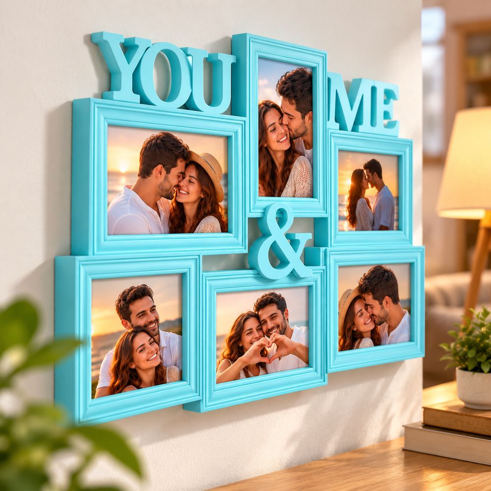 Ramă foto YOU & ME personalizată cu 6 fotografii romantice de cuplu, culoare bleu