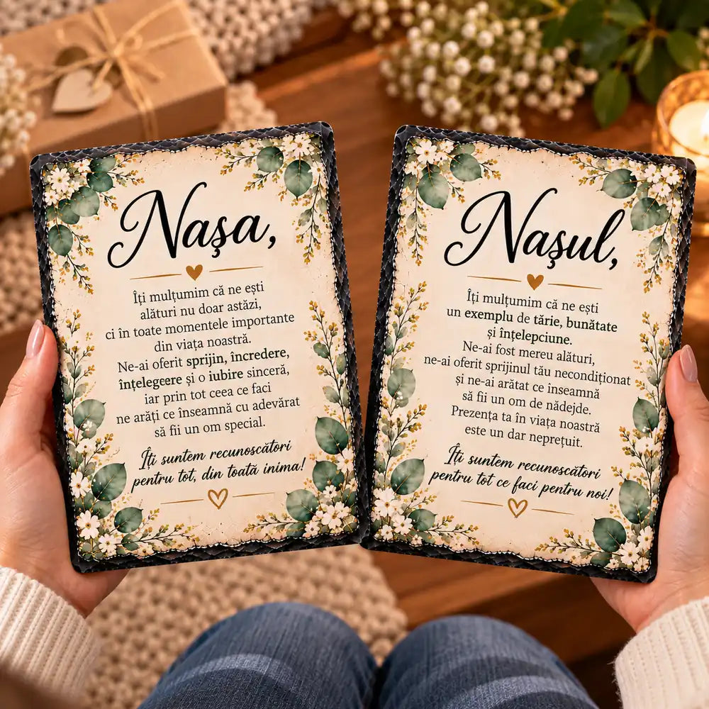Set de două plăci de ardezie pentru nași, cu mesaje de mulțumire pentru nașă și naș