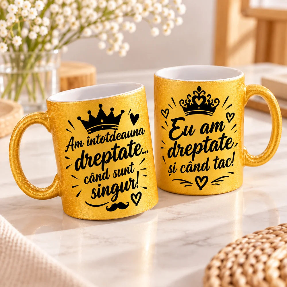 Set 2 căni personalizate glitter aurii pentru cuplu - Eu am dreptate
