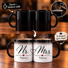 Set 2 căni termosensibile Mr. & Mrs. personalizate cu nume de familie