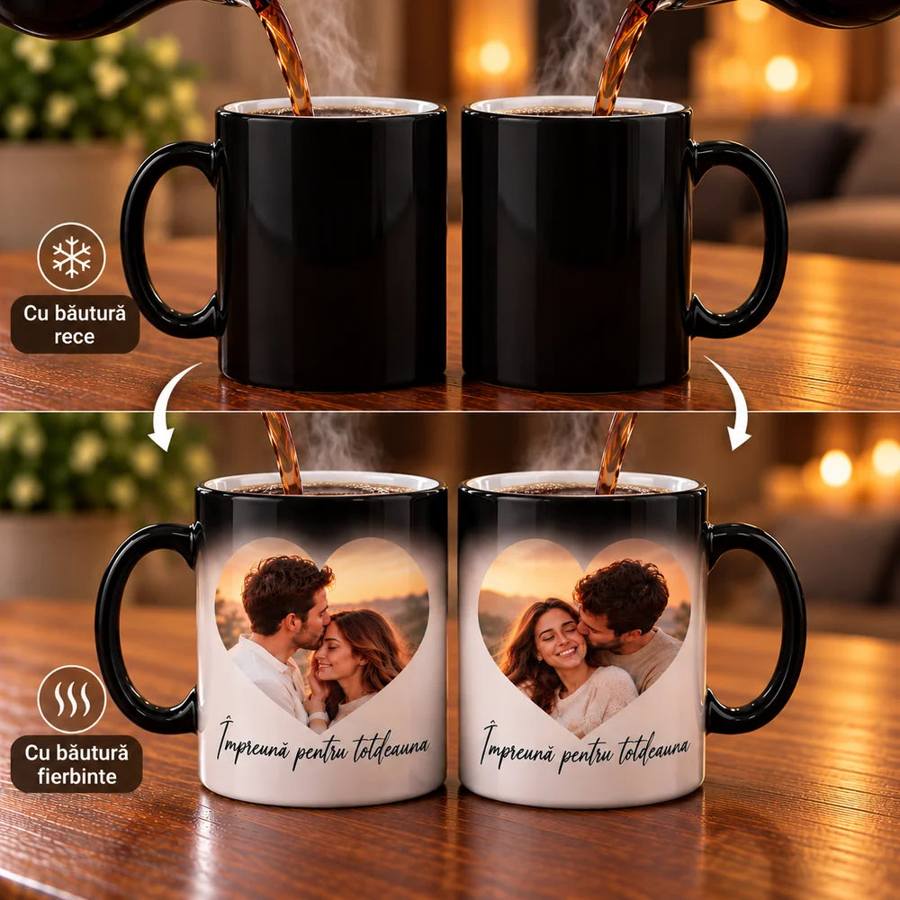 Set 2 căni termosensibile personalizate pentru cuplu cu poză și mesaj romantic