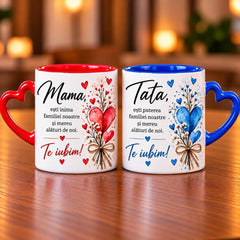 Set 2 căni personalizate pentru mama și tata cu mesaje, interior colorat și mânere în formă de inimă