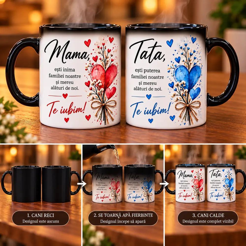 Set 2 căni termosensibile personalizate pentru mama și tata cu mesaje