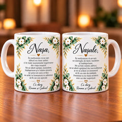 Set 2 căni albe personalizate pentru nași cu nume, cadou special pentru naș și nașă