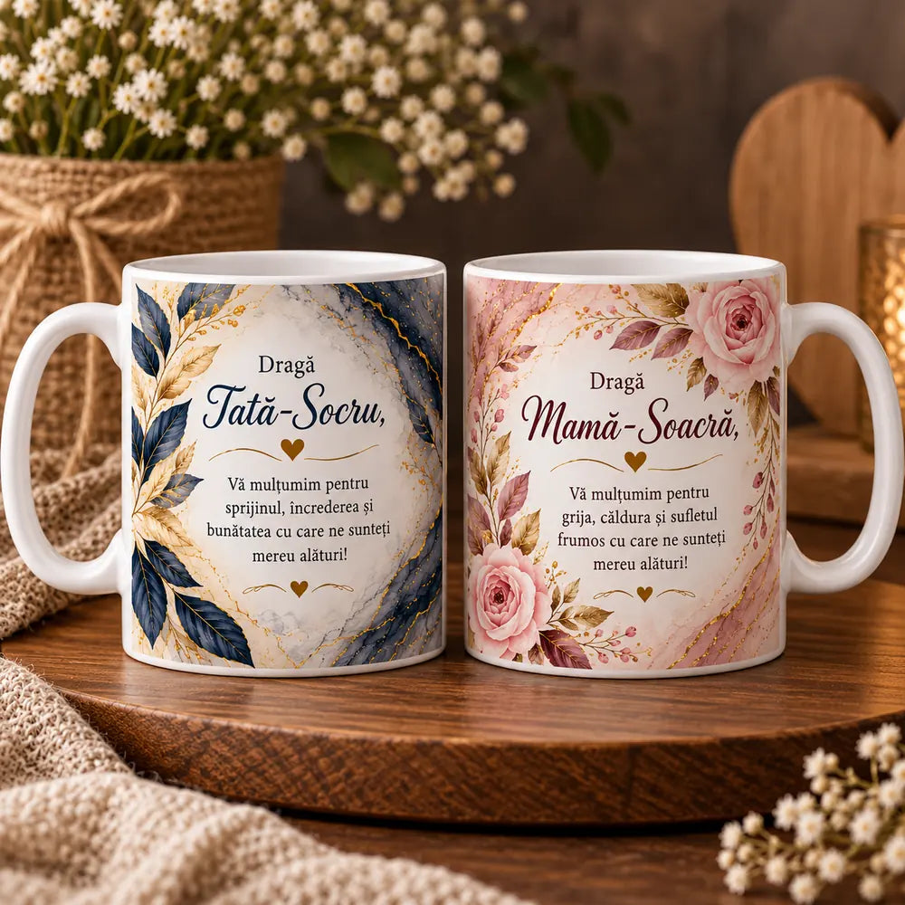 Set 2 căni albe personalizate pentru socri cu mesaj
