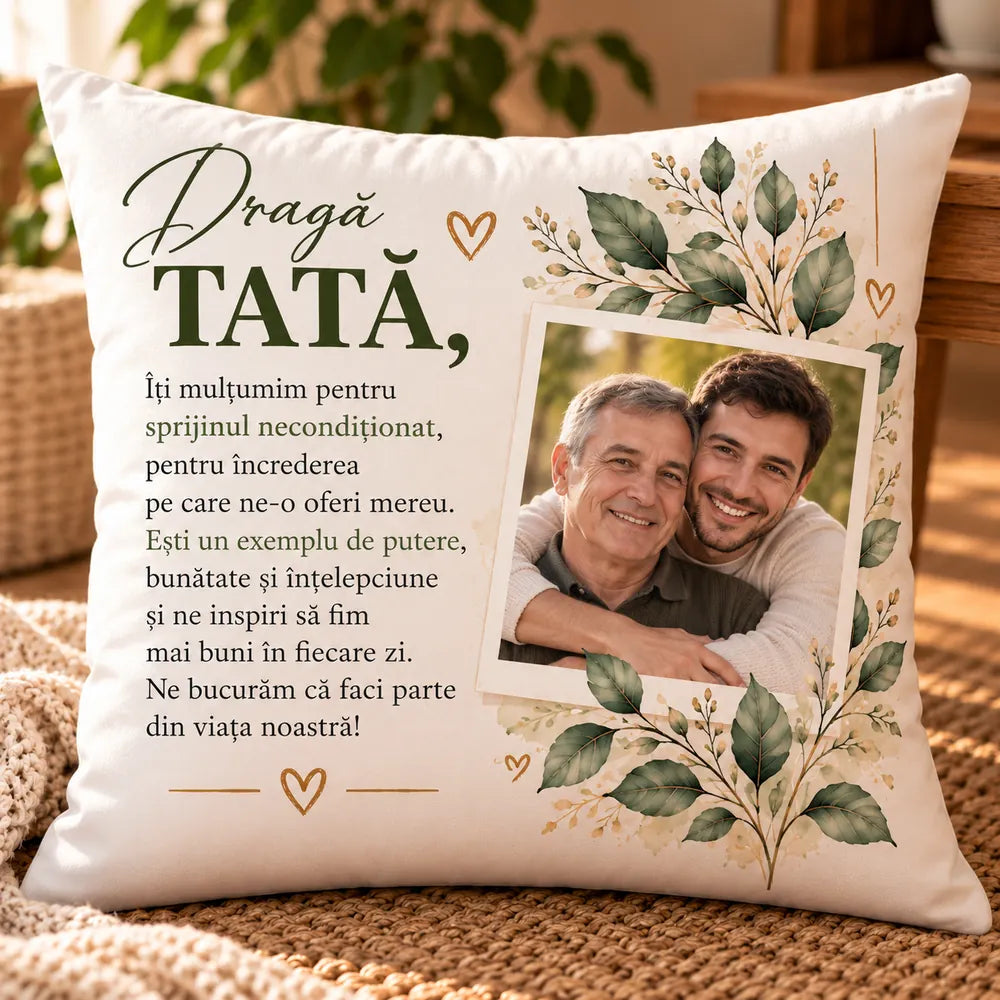 Două perne personalizate de 40 × 40 cm cu poze și dedicații pentru părinți