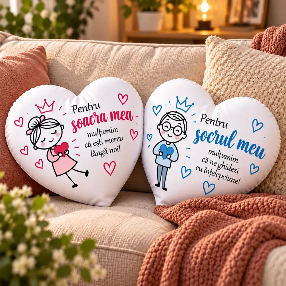 Set cadou pentru socri cu două perne inimă personalizate