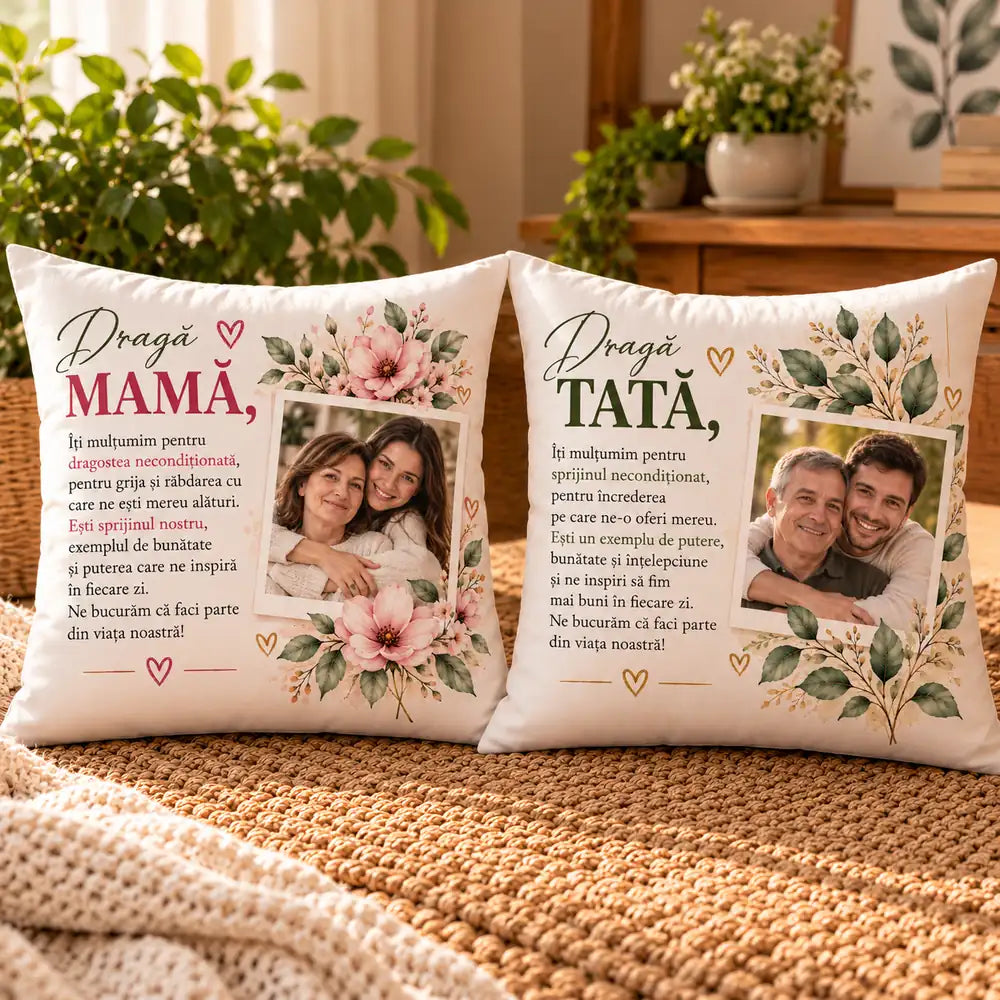 Set 2 perne personalizate cu poze și mesaje pentru părinți