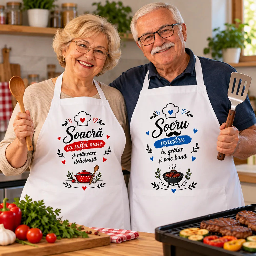 Set 2 șorțuri de bucătărie personalizate pentru soacră și socru