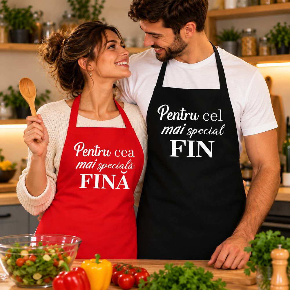 Set 2 șorțuri pentru fini personalizate cu mesaj, roșu și negru, cu imprimeuri dedicate finei și finului