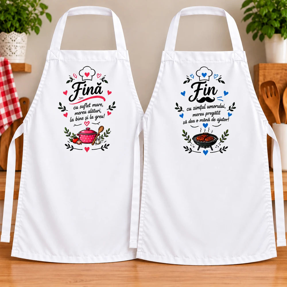 Set 2 șorțuri personalizate cu mesaj pentru fini, albe, cu imprimeuri dedicate finei și finului