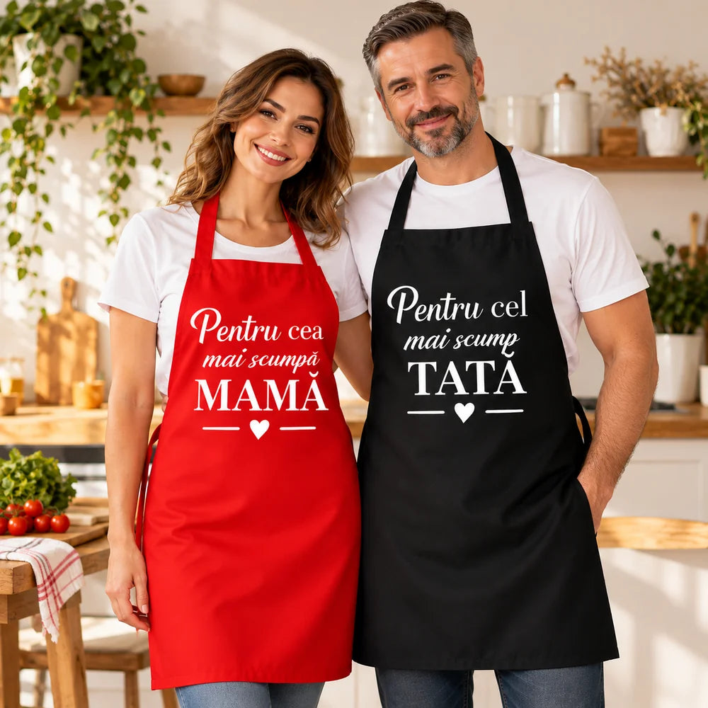 Set 2 șorțuri personalizate pentru mama și tata cu mesaj, roșu și negru, cadou pentru părinți