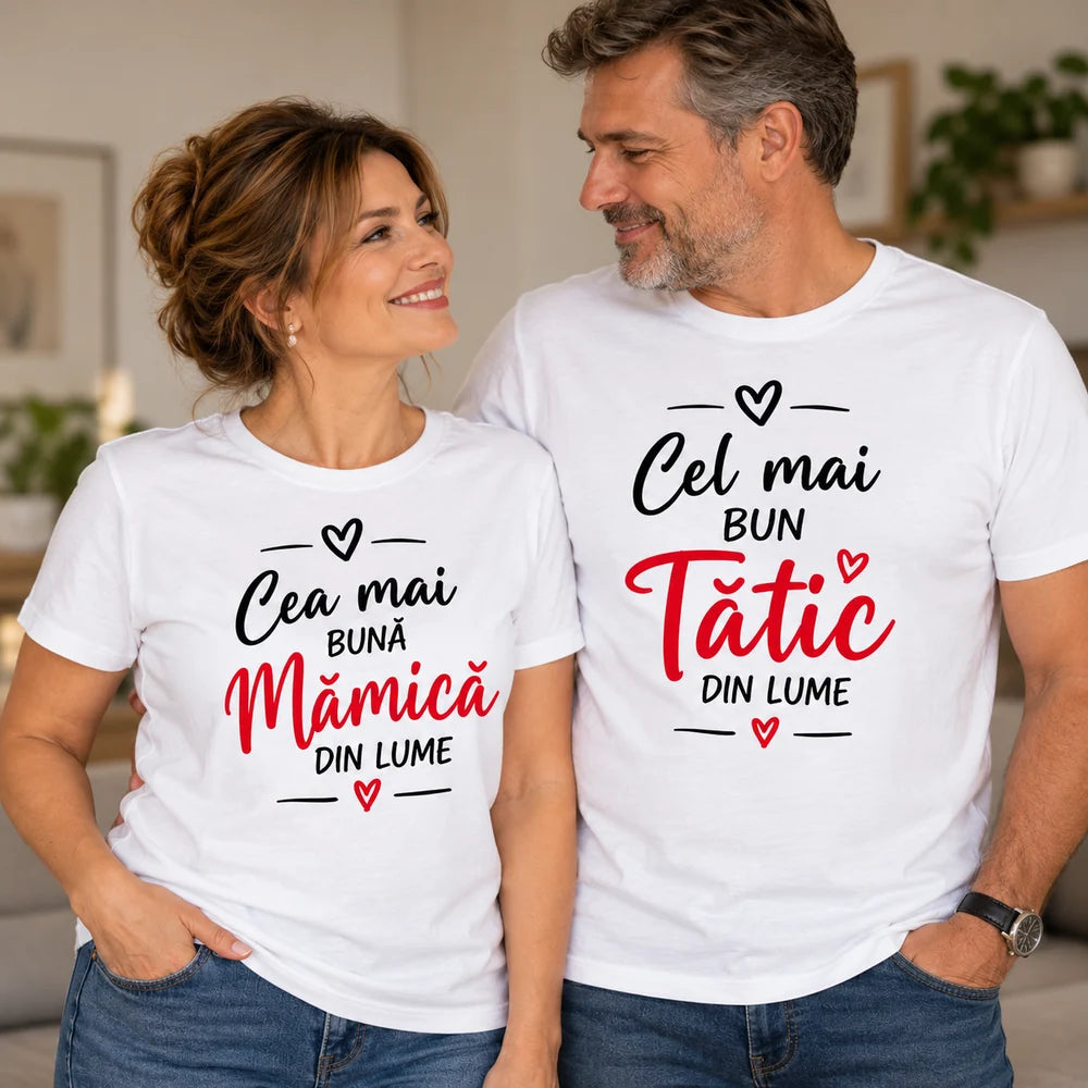 Set 2 tricouri personalizate pentru mamă și tată cu mesaj
