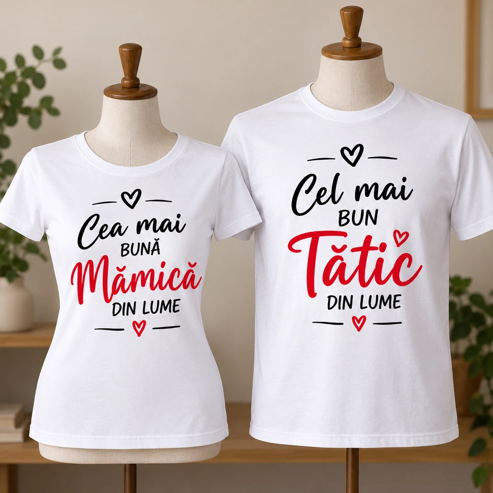 Set de 2 tricouri personalizate pentru mamă și tată, albe, cu mesaje dedicate părinților