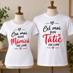 Set de 2 tricouri personalizate pentru mamă și tată, albe, cu mesaje dedicate părinților