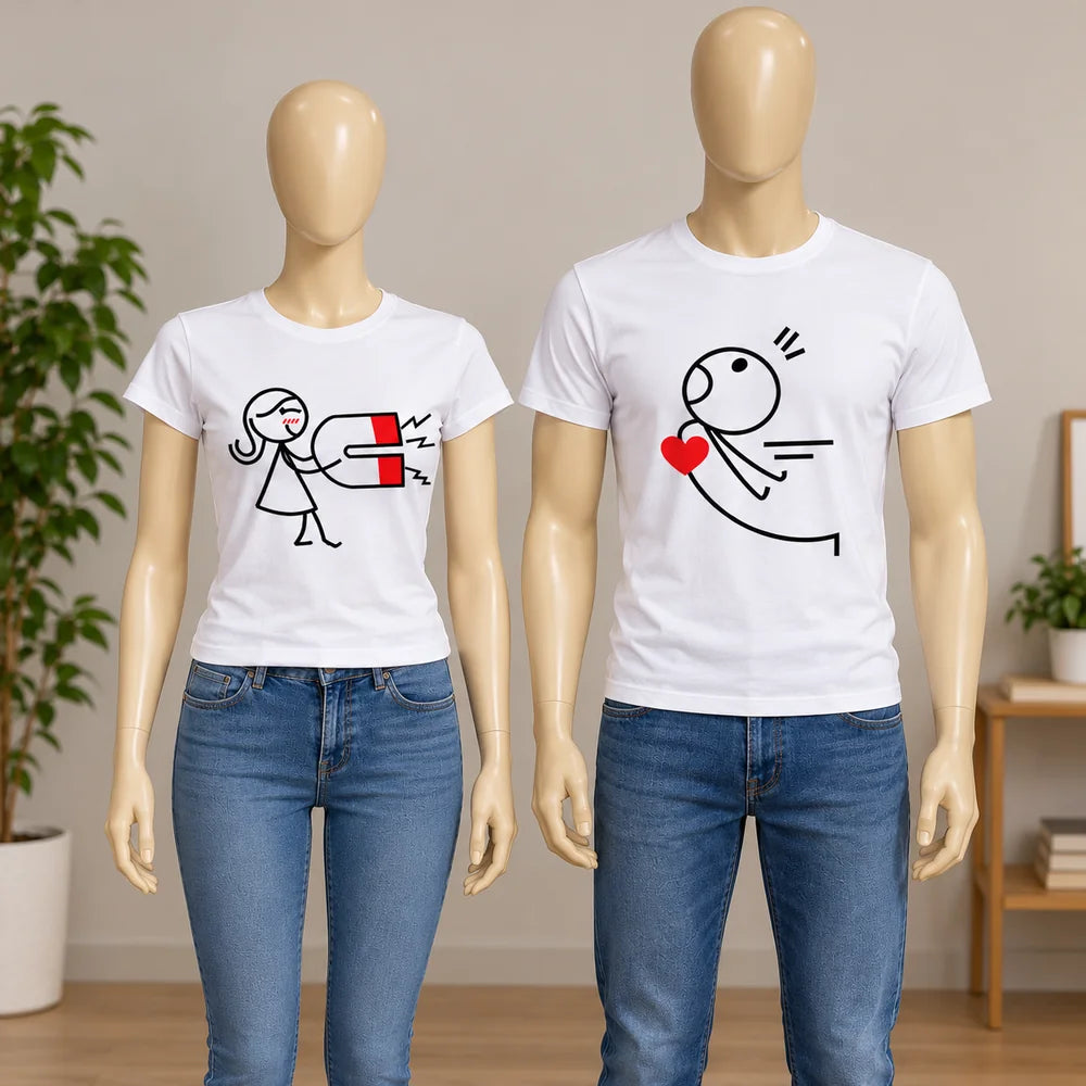 Set de 2 tricouri personalizate pentru cupluri, albe, cu imprimeu Magnetul Iubirii