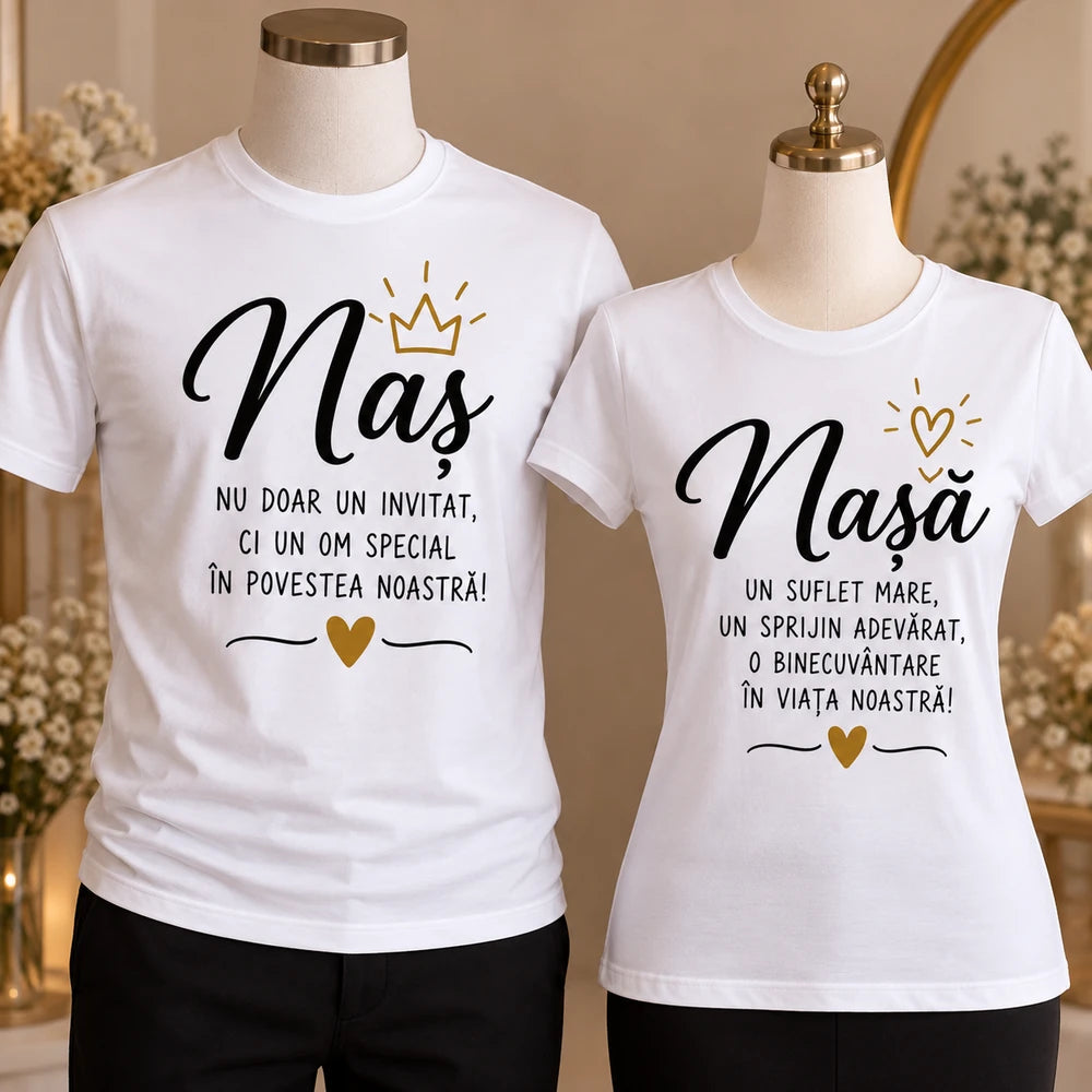 Set 2 tricouri personalizate pentru nași cu mesaj