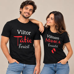 Set 2 tricouri personalizate pentru viitori Părinți - Mămică și Tătic fericiți