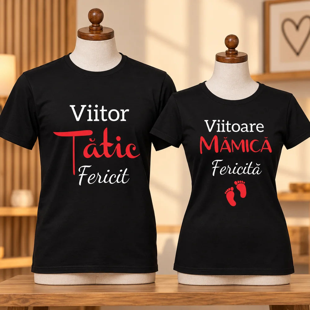 Set de 2 tricouri negre pentru viitori părinți, cu mesaje Viitor Tătic Fericit și Viitoare Mămică Fericită
