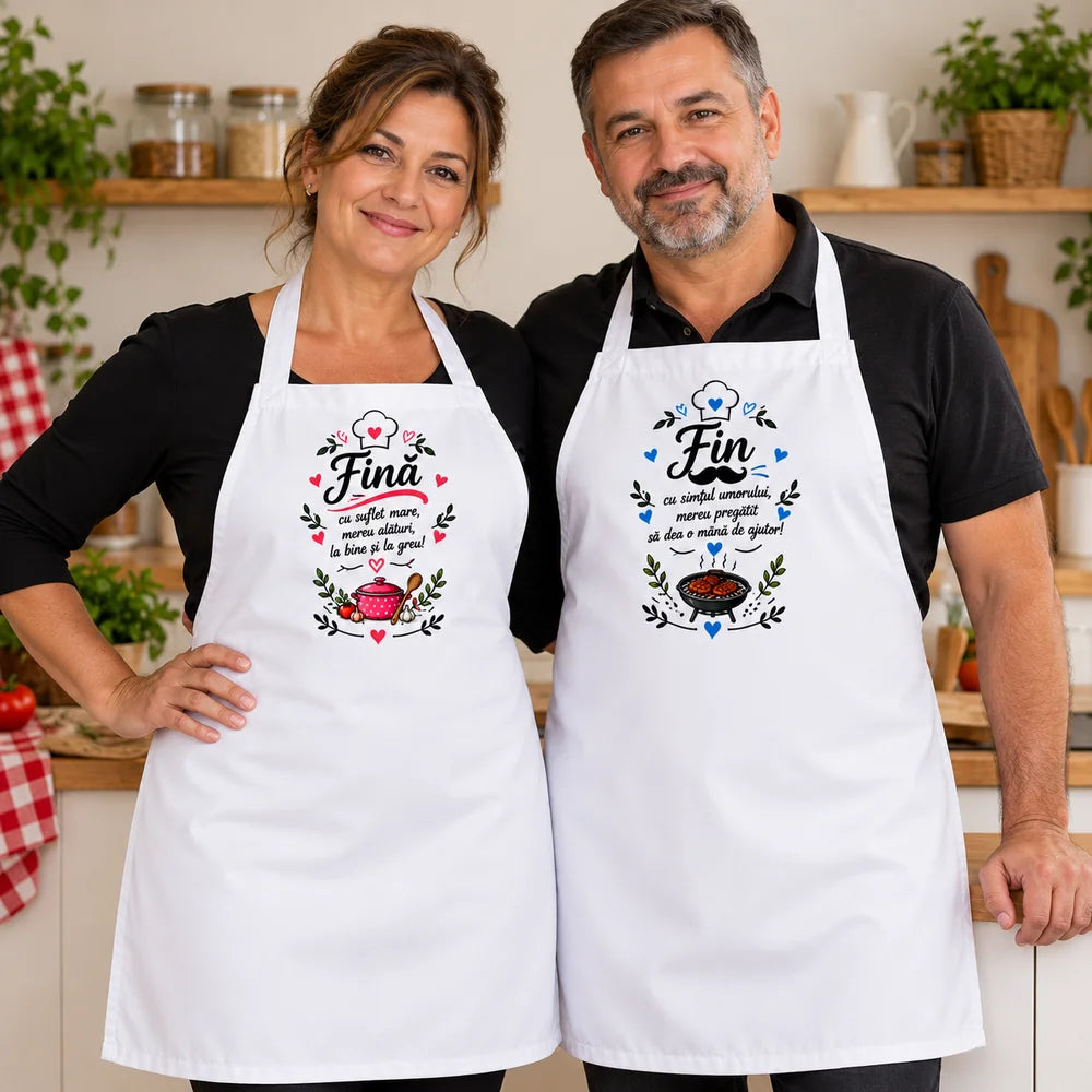 Două șorțuri de bucătărie albe, personalizate cu mesaje pentru fină și fin