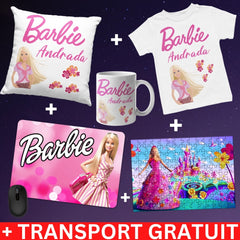 Set Cadou Personalizat Barbie cu Nume – Tricou, Cana, Perna, Mousepad si Puzzle - Cadomy.ro