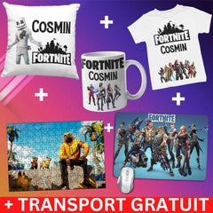 Set Cadou Personalizat Fortnite cu Nume – Tricou, Cana, Perna, Mousepad si Puzzle - Cadomy.ro