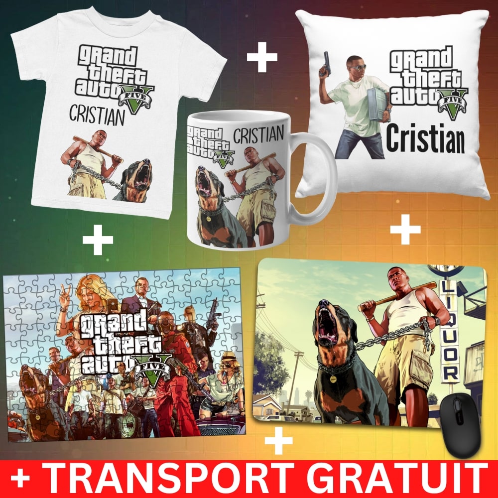 Set Cadou Personalizat GTA 5 cu Nume – Tricou, Cana, Perna, Mousepad si Puzzle - Cadomy.ro