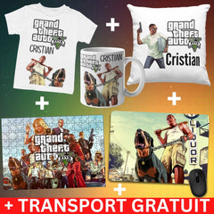 Set Cadou Personalizat GTA 5 cu Nume – Tricou, Cana, Perna, Mousepad si Puzzle - Cadomy.ro