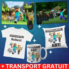 Set Cadou Personalizat Minecraft cu Nume – Tricou, Cana, Perna, Mousepad si Puzzle - Cadomy.ro