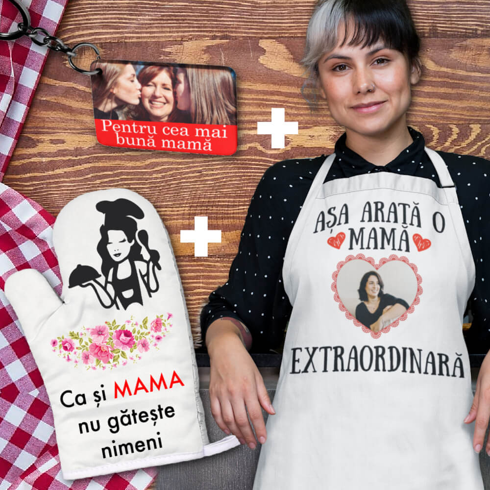 Set cadou personalizat pentru mama - Sort + Manusa de bucatarie + breloc personalizat - Cadomy.ro
