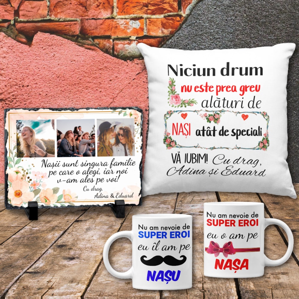 Set cadou personalizat pentru nasi - Perna + Placa ardezie + 2 Cani personalizate - Cadomy.ro