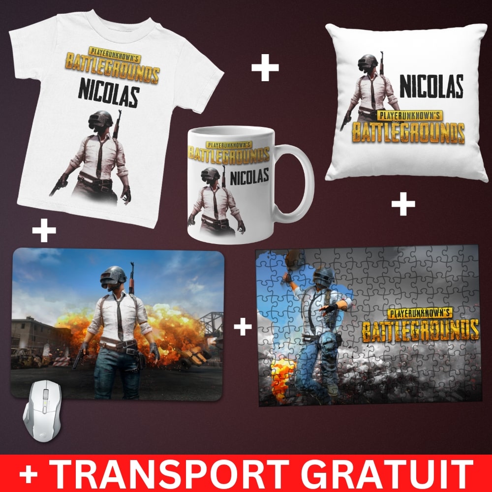 Set Cadou Personalizat PUBG cu Nume – Tricou, Cana, Perna, Mousepad si Puzzle - Cadomy.ro