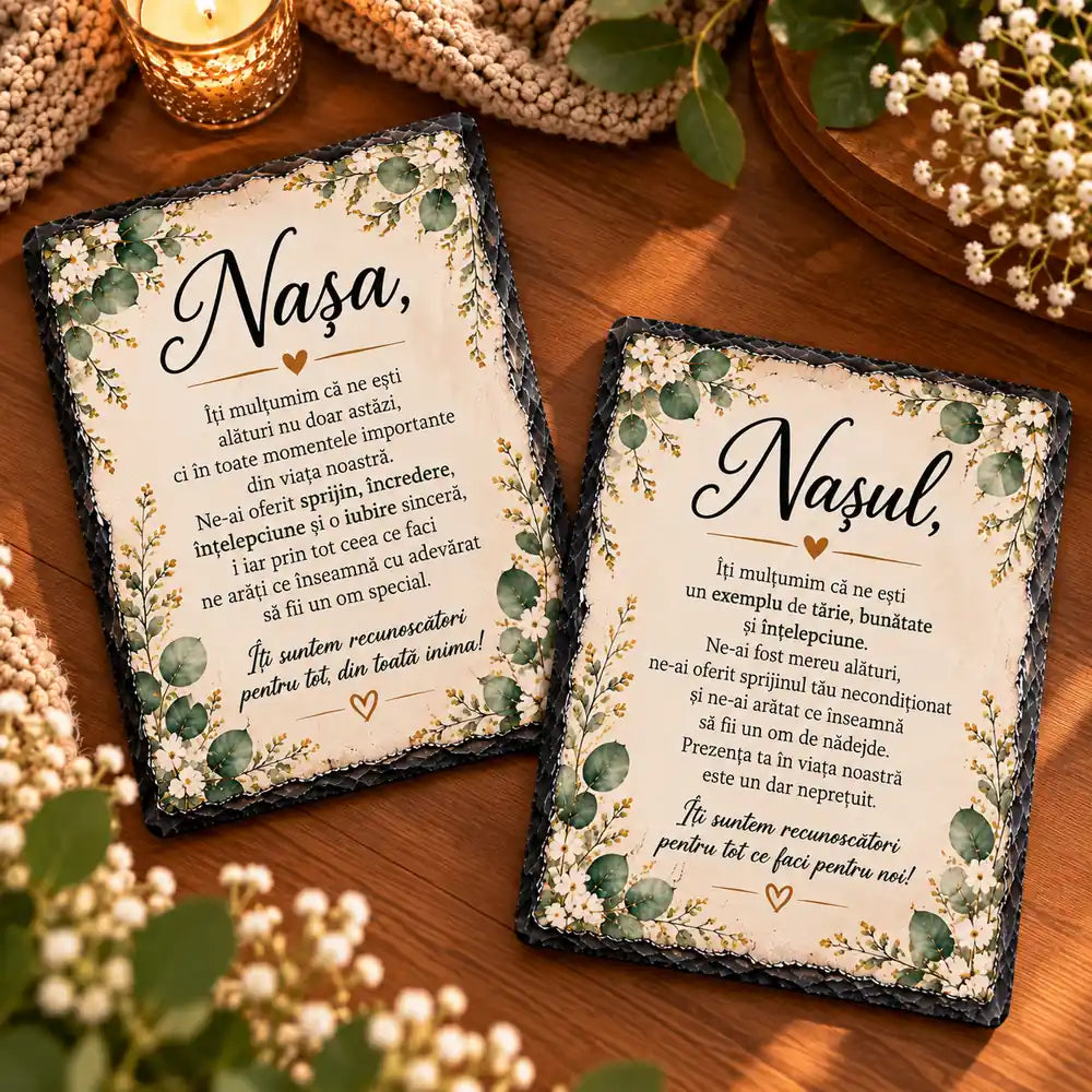 Set de două plăci de ardezie pentru nași cu mesaje, cadou pentru nașă și naș
