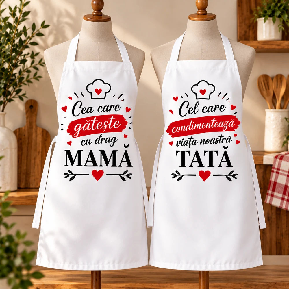 Două șorțuri de bucătărie albe, personalizate cu mesaje dedicate mamei și tatălui