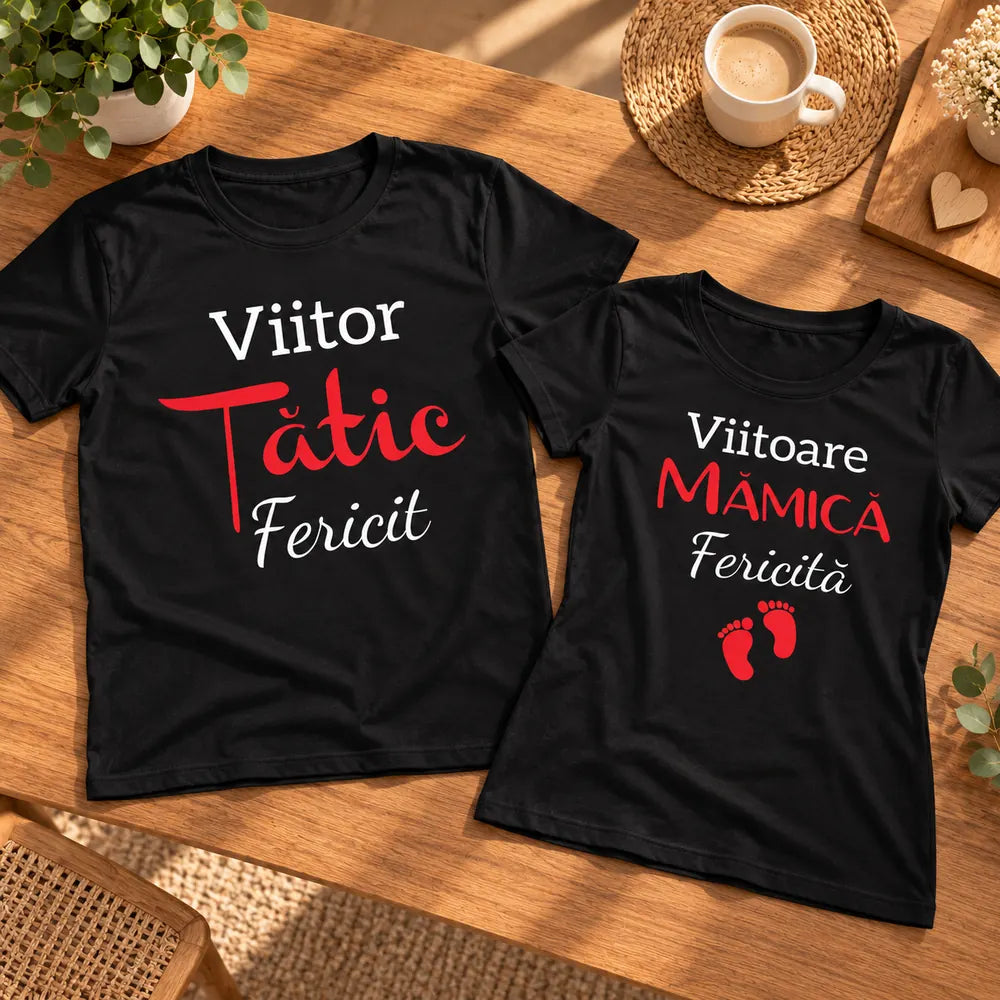 Tricouri pentru viitori părinți, cu mesaj Mămică Fericită și Tătic Fericit