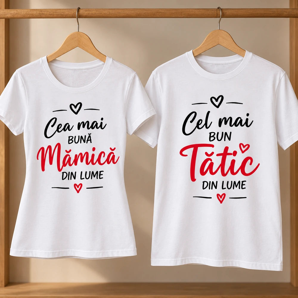 Set de tricouri cu mesaje pentru mamă și tată, model pentru femeie și bărbat