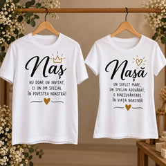 Două tricouri cu mesaje personalizate pentru nași, model pentru bărbat și femeie