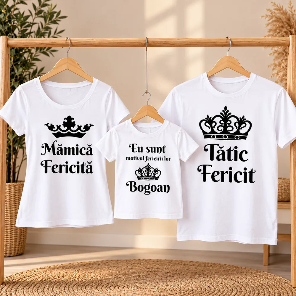 Set de 3 tricouri personalizate pentru familie, cu mesaje despre fericire