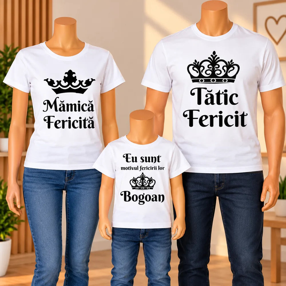 Set cadou cu trei tricouri albe pentru mamă, tată și copil, cu imprimeuri negre și nume personalizat
