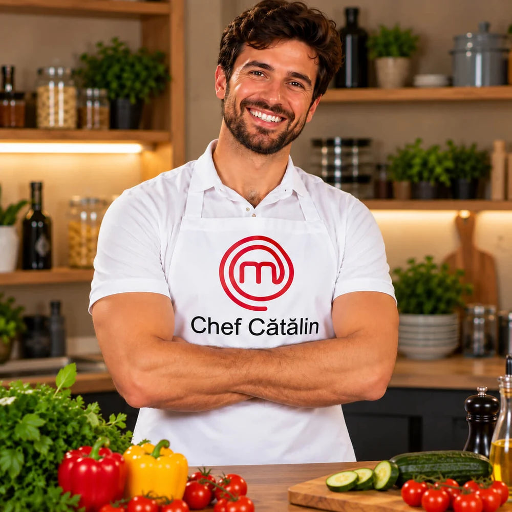 Șorț de bucătărie MasterChef personalizat cu nume, model alb