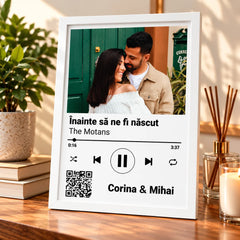 Tablou personalizat cu poză, melodie și cod QR, cu numele cuplului și titlul piesei
