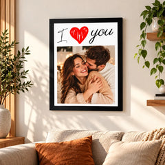 Tablou personalizat cu poză I Love You, fotografie de cuplu și inimă roșie