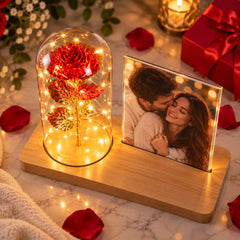 Ramă foto LED cu trandafir roșu luminat și fotografie personalizată a unui cuplu