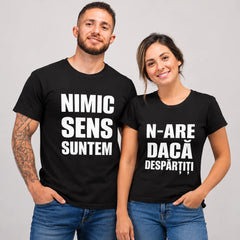 Tricouri amuzante pentru cupluri cu mesaje complementare imprimate cu litere albe
